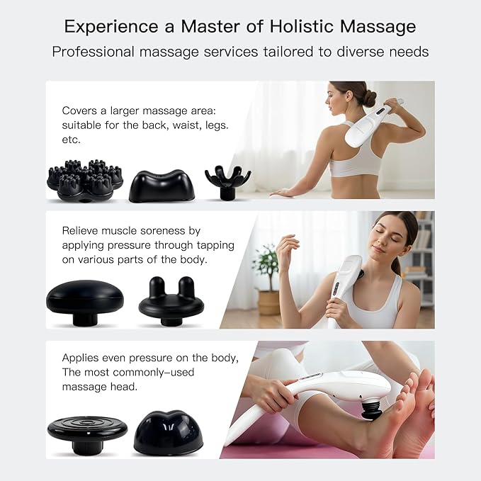 MEGAWISE Cordless Back Massager for Shoulders, Waist, Legs, Rechargeable 3200mAh Battery, 5 Speed and 5 +2 Massage Nodes 5 Hard, 2 Silicone Nodes, Massage While Moving Around (Off White Cordless)