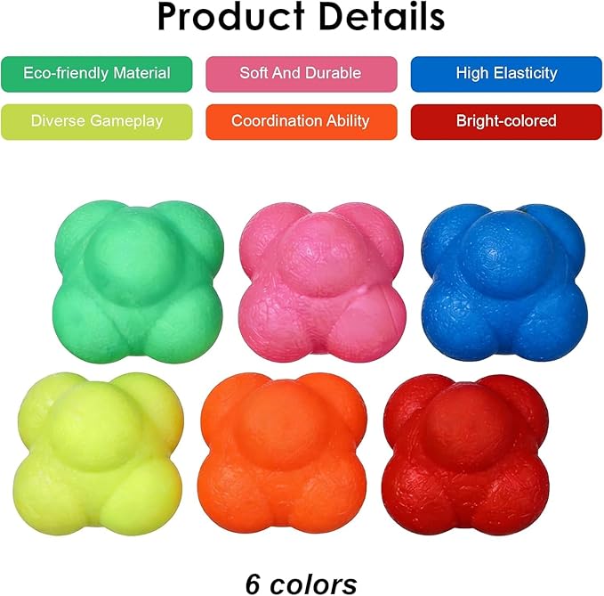 6 Pcs Hexagonal Silicone Reaction Balls for Agility Training, Hand Eye Coordination and Reflexes, Fitness Exercise for Home and Outdoor Sports