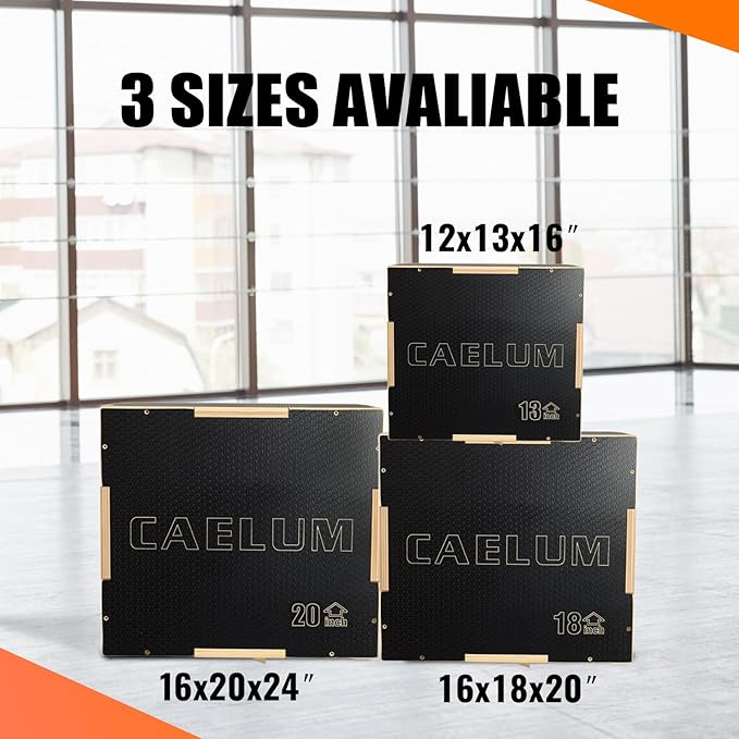 CAELUM 3-in-1 Wood Plyo Box - Non-Slip Plyometric Jump Box for Home & Gym, 400lbs Bearing Fitness Launch Box for Jumping Squats Step-ups Strength Training