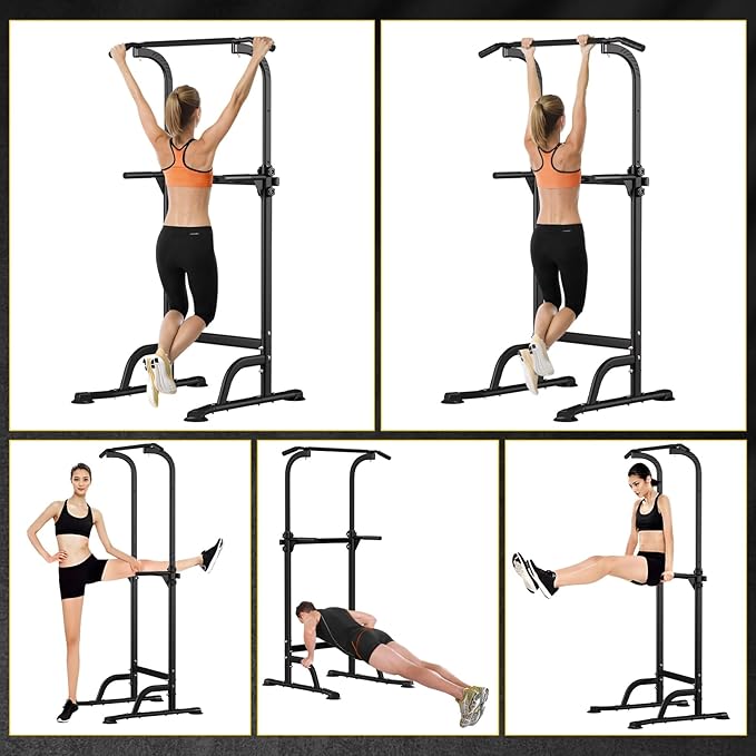 Power Tower Pull Up Bar, Workout Dip Station for Home Gym, Portable Pull-up Bar Station Station with 10 Gears Adjustment, Strength Training Fitness Equipment, Bearing 330LBS Black