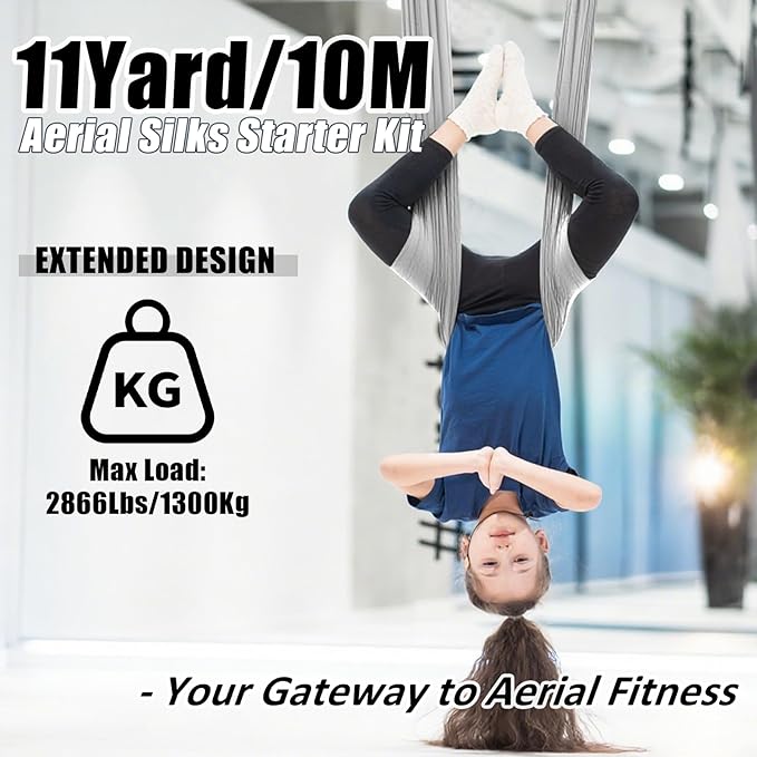 Aerial Silks Kit & Aerial Yoga Hammock - 11Yd Premium Fabric with Hardware - Easy Setup for Flying Yoga, Aerial Swing & Fitness - Supports Up to 14ft Rigging