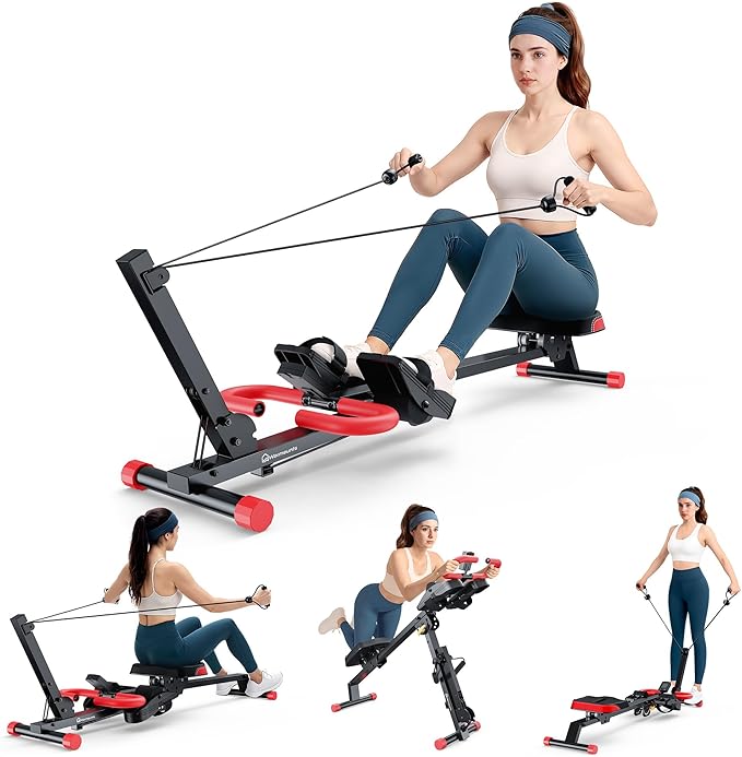 WARMOUNTS Ab Machine, 4 in 1 Foldable Rowing Machine Full Body Workout for Home Gym, Ab Workout Machine with 4 Adjustable Handle & LCD Monitor