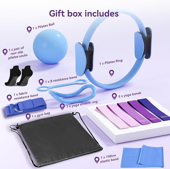 Pilates Kit for Women,15 Inch Magic Circle, 6 Multi-Level Resistance Bands,Yoga Ball Socks, Back Neck Stretcher ,14-Piece Full Body Toning Pilates Equipment for Beginners, 15 Min Daily Routine
