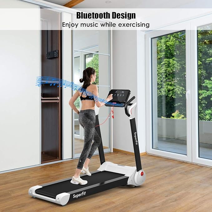 Goplus 3HP Treadmill with Desk Workstation, Superfit Foldable Treadmills for Home Office, Adjustable Height, Bluetooth Speaker, APP Control, LED Display, 25 Preset Programs, Portable Running Machine