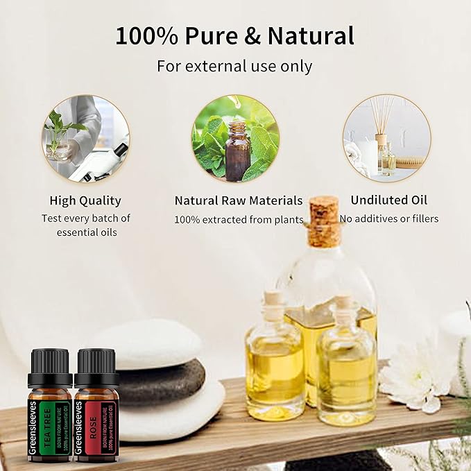 GREENSLEEVES Rose and Tea Tree Essential Oil Set, 2 x 10ml Pure Plant-Based Fragrance Oil for Aromatherapy, Essential Oils for Diffuser, Massage, Bath Bomb, Scented Candle Soap Making