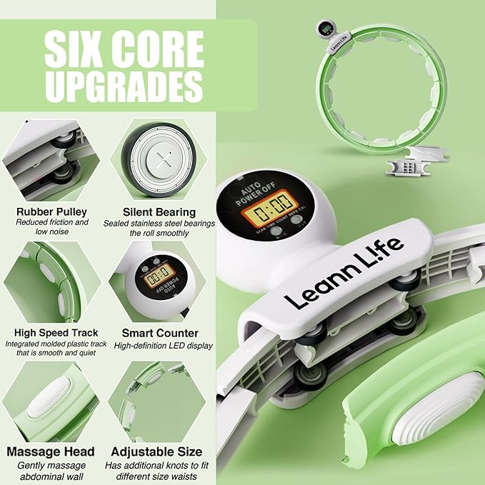 U5 Smart Weighted Hula Hoop with Counter – 16 Knots, 28"–46" Adjustable Infinity Hoop Plus Size, Quiet Rubberized Wheels, Ab Workout, Home & Outdoor Fitness, Weight Loss, Abdominal Toner