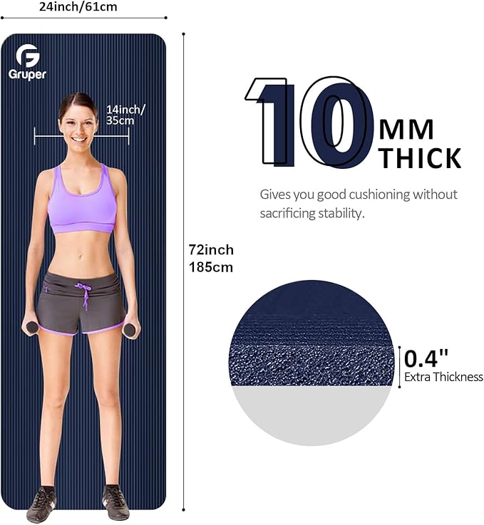 Gruper Yoga Mat Non Slip NBR Extra Thick Yoga Mat, 72"L x 32"/24"W x 0.6"/0.4"TH (185cm x 80cm/61cm x 15mm/10mm), Anti-Tear Exercise Mat with Carrying Strap and Bag, Workout Mats for Yoga, Pilates