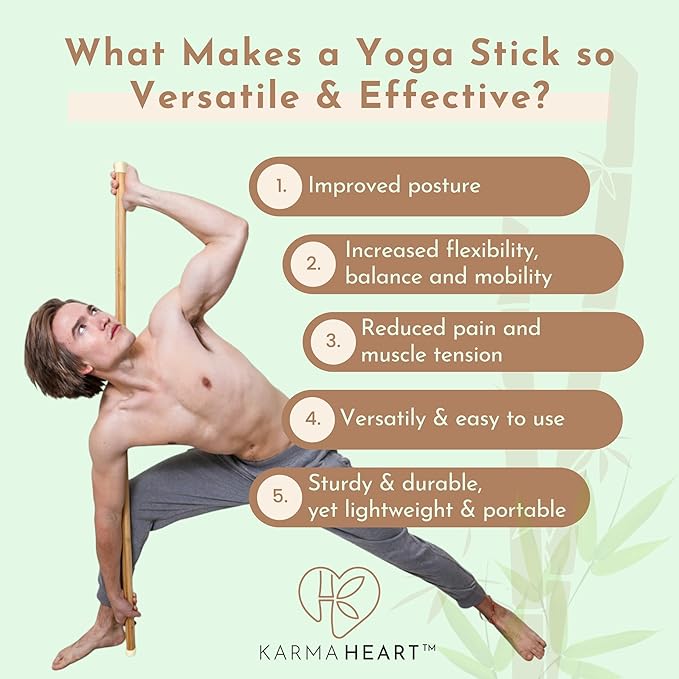 Natural Bamboo Yoga Stick (5ft): Stretching Stick with White Sturdy Rubber Ends - Versatile Exercise Stick for Yoga, Stretching & Posture with Unlimited Access to Video Exercises
