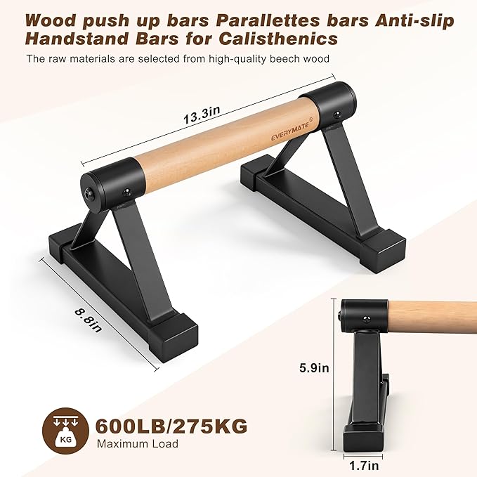 EVERYMATE Wood Push Up Bars Parallettes Bars with Rubber Feet, Anti-slip Handstand Bars for Calisthenics, Equipment for Home, Push Up Handles for Floor, Handstand Push Up Handles, Support 600 LB