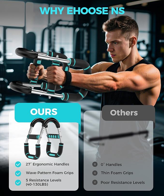 Twister Arm Trainer, Chest Workout Equipment for Men & Women Adjustable 5 Resistance Levels (40-130 lbs), Ergonomic Home Gym Strength Trainer with Anti-Slip Handles & Carry Bag