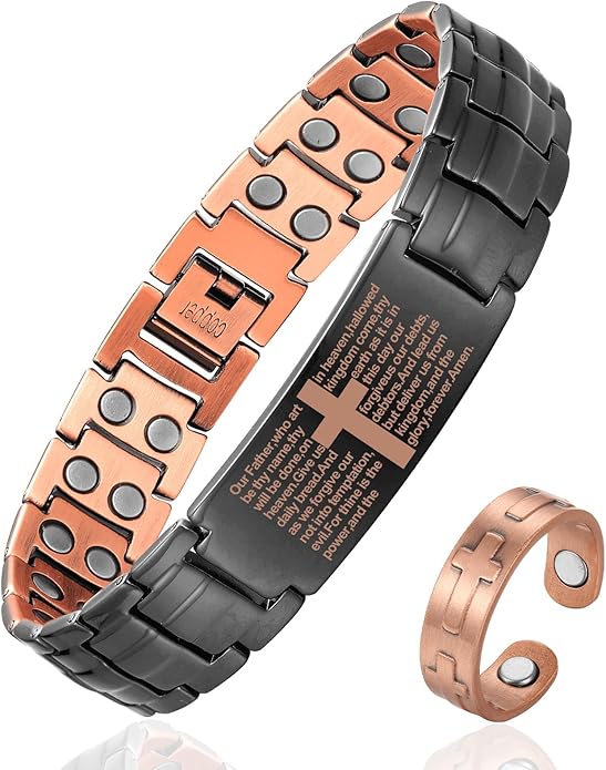Copper Cross Bracelet for Men - Ultra Strength Magnetic Mens Cross Jewelry Set - Adjustable Magnetic Bracelet with Sizing Tool Jewelry Box