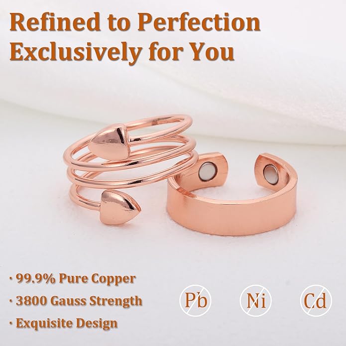 Magnetic Copper Rings Set for Women, Elegant Lymphatic Jewelry Gifts, Vintage Adjustable Vine Design