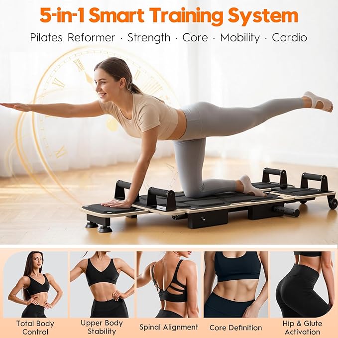 Pilates Board Reformer for Home Workout, 5-in-1 Pilates Equipment with Dual & Split Foot Pads, Smooth Sliding Rail System, Adjustable Headrest for 110–190cm, Core & Full-Body Training