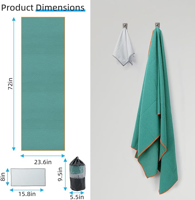 YESLIFE Non-Slip Extra Thick Hot Yoga Towel with One Sweat Towel, Microfiber Sweat Absorbent Yoga Mat Towel with Grip Dot, Pilates Mat, 72" x 24", Cyan
