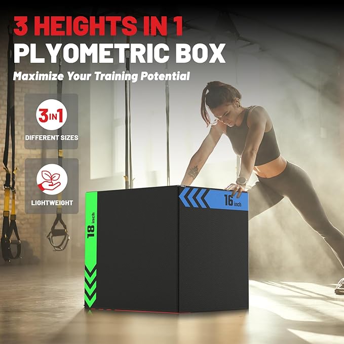 papababe 3-in-1 Plyometric Jump Box Workout Equipment, Box Jumps for Home Gym, Trainer with Anti Slip Surface and High Density Foam, Box Height: 20", 24", 30"