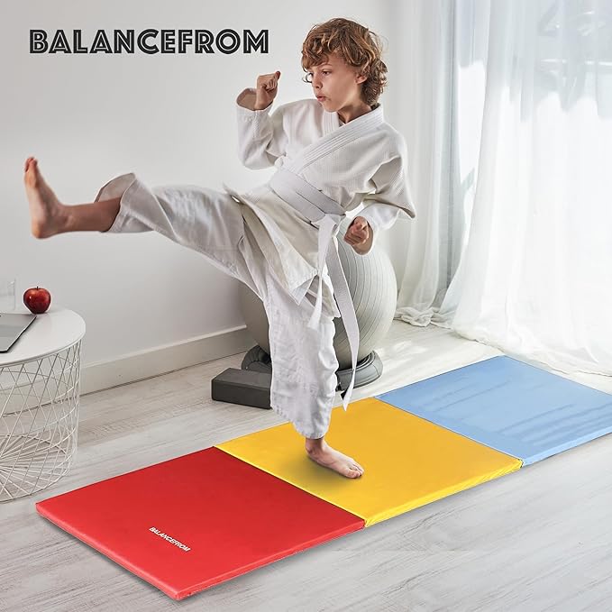 BalanceFrom 6x2 Feet 3-Panel Folding Gymnastics Mat – 2-Inch Thick Pad with Vinyl Surface and Carrying Handles for Tumbling, Yoga, Pilates, Home Workouts, and Martial Arts