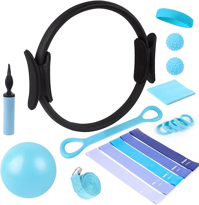 15 Pcs Pilates Ring Set - Complete Home Workout Equipment for Women | 14-Inch, 9-Inch Ball & 5 Resistance Bands for Toning Arms, Thighs & Core