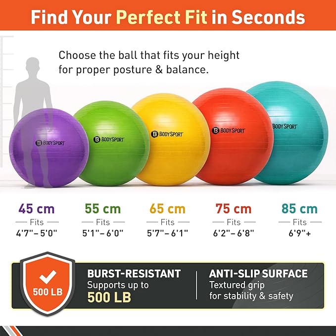 Body Sport Exercise Ball with Pump for Home, Gym, Balance, Stability, Pilates, Core Strength, Stretching, Yoga, Fitness Facilities, Desk Chairs