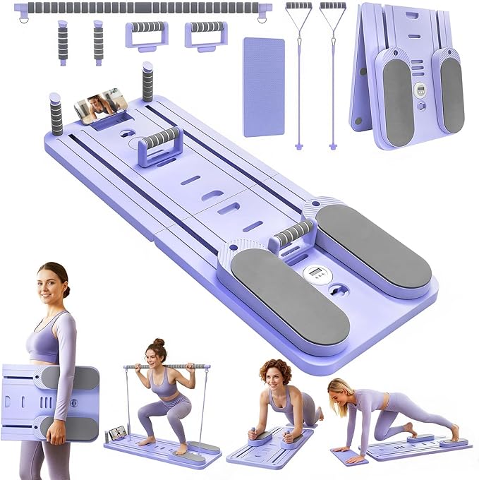 Pilates Board for Home Workout – Upgraded Foldable Pilates Reformer Board Set, Portable Pilates Reformer Machine with Resistance Bands, Ab Wheel & Push-Up Handles, All-in-One Home Pilates Equipment