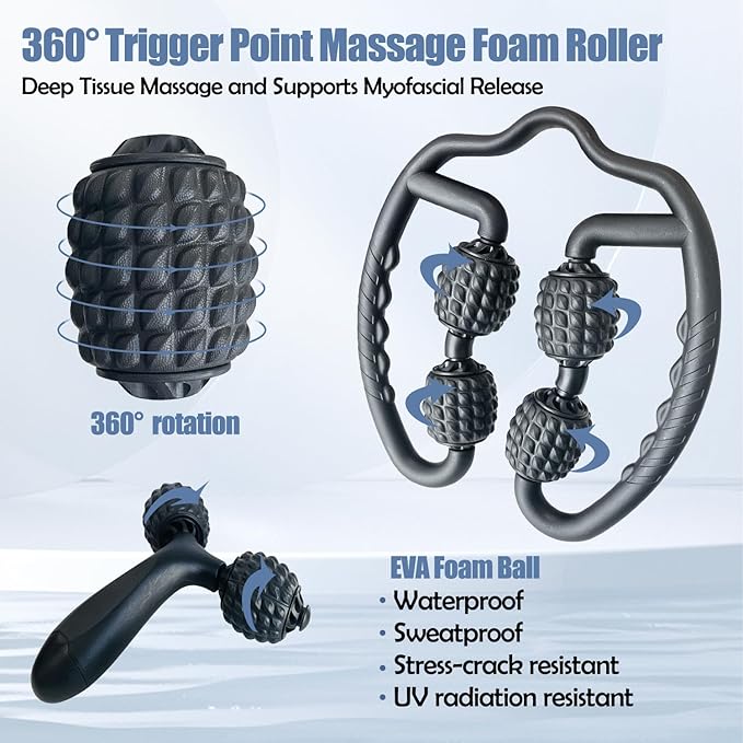 5Pcs Massage Foam Roller Tool Set Includes Trigger Point Massage Foam Roller, Y-Shaped Handheld Roller, Muscle Roller Stick, 2 Massage Balls for Muscle Pain Relief, Body Shaping(Black)