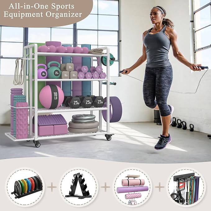 4-Tier Dumbbell Rack Stand Only, Adjustable Weight Rack for Dumbbells Kettlebells Yoga Mat, Home Gym Storage Rack with Wheels and Hooks, Powder Coated Finish