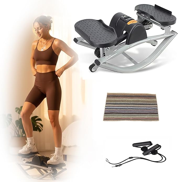 Rock Stepper Side to Side, Digital Display Mini Stepper with Resistance Bands, Steppers for Exercise at Home, Quiet Low Impact Workout Machine for Arm Legs Glutes, Portable Fitness Equipment