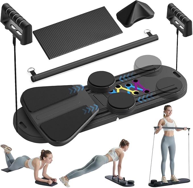 Pilates Board, 8-in-1 Foldable Pilates Reformer Machine with Timer & Resistance Bands, Portable Multifunctional Pilates Kit for Home Workout, Fitness, Exercise, Abs, Core Trainer