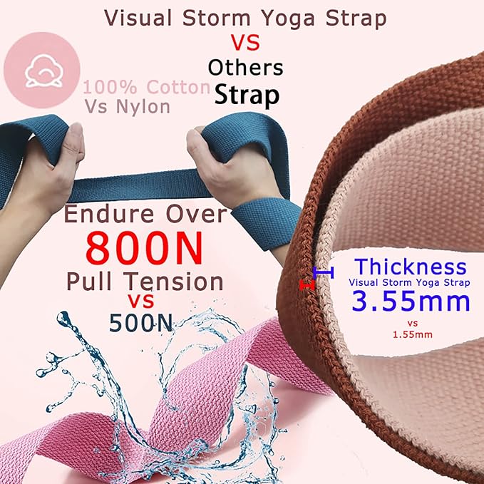 8ft 240g Super Thick Fitness Yoga Strap for Stretching, 3 Color Pure Cotton Durable Fitness Belt Bands Exercise Safe Adjustable D-Ring Buckle Gym Press Rope, Physical Therapy Tools