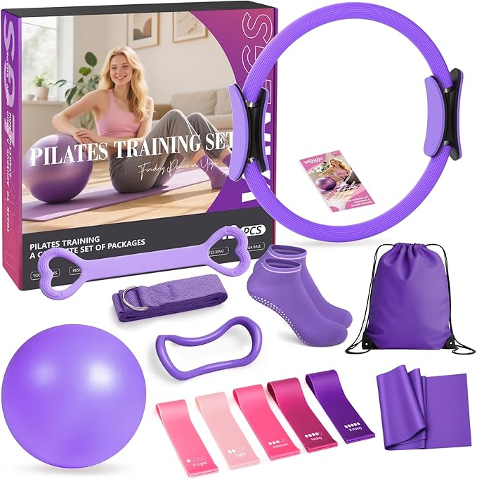 Pilates Kit 13Pcs Home Pilates Essentials Workout Kit with 13" Ring, 10" Ball and Resistance Bands for Women at Home Pilates Equipment Set for Beginners