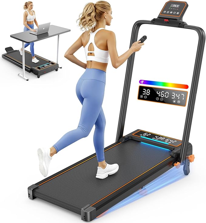 Walking Pad Treadmill with 15% Incline & Dual LED Display, 4 in 1 Walking Pad with Handle Bar, 3.5HP Foldable Treadmill with Incline, Treadmills for Home 350LBS, 4 Adjustable Incline, RGB Light