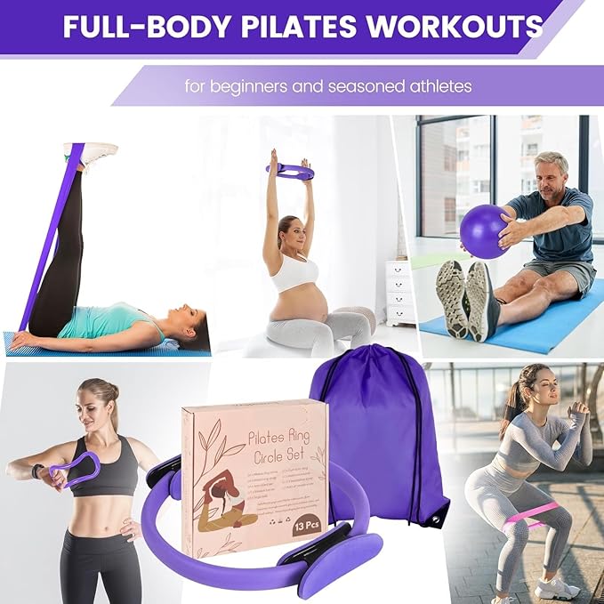 JITUIHOM Home Pilates Essentials Kit for Women - Complete Pink Equipment Set with 9 Inch Yoga Ball, Figure 8 Resistance Band, Bands & Accessories, Ring for Beginners Workouts