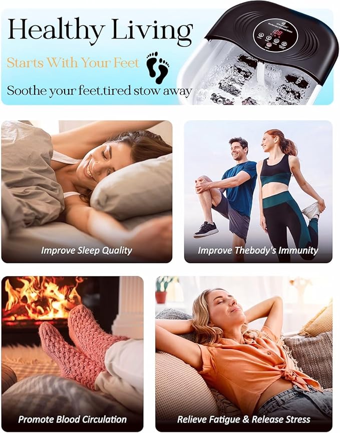 Collapsible Heated Foot Spa with Bubble and Red Light Temperature Control Foot Bath Massager and Soaking Tub Featuring 8 Shiatsu Massage Rollers Pumice Stone and Built-in Timer Ideal Gift for Wife,Mom