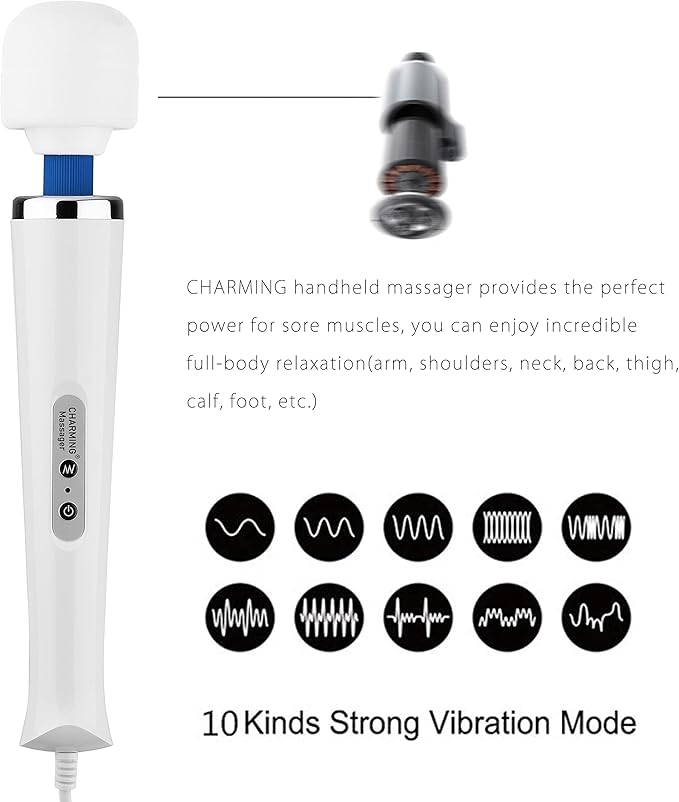 CHARMING 10 Speeds Wired Powerful Handheld Back Massager with Strong Vibration, Personal Therapy Massager for Sports Recovery, Muscle Aches, Full Body Pain (White)