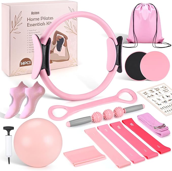 Asten Home Pilates Kit for Women: Pilates Equipment Pilates Ring and Ball Set with Resistance Bands, Core Slider, Foam Roller, Pilates Essentials Kit for Beginner Home Workout, Compact Toning Fitness