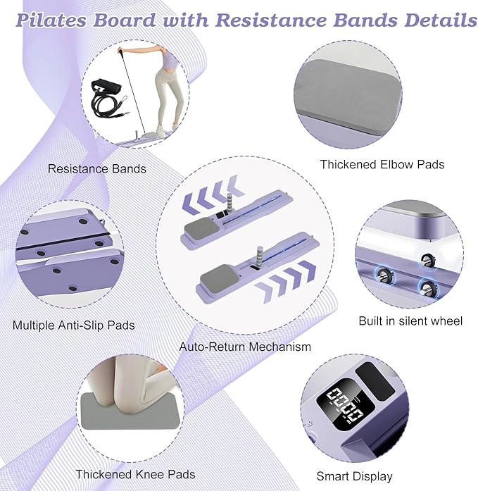 Pilates Reformer Board Detachable Pilates Reformer Machine with Resistance Bands Portable Pilates Slider Board with Timer Multifunctional Home Fitness Pilates Equipment for Full Body Workout