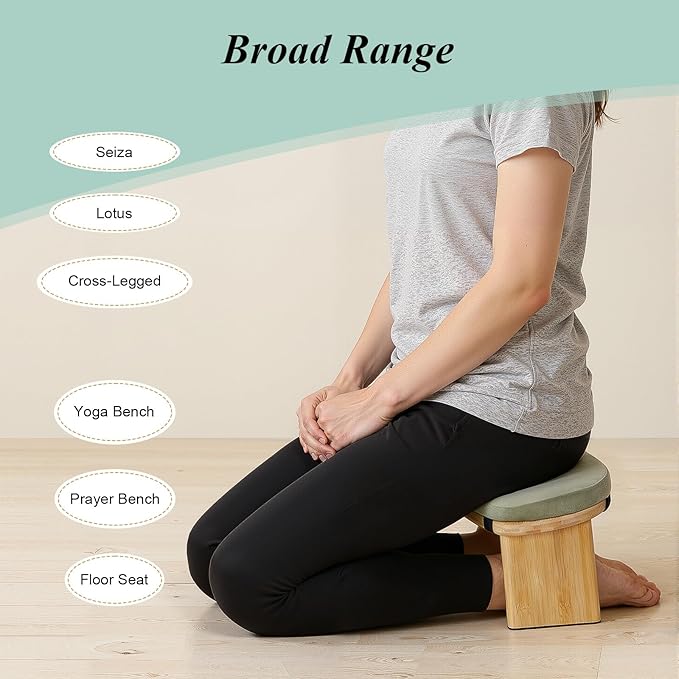 Meditation Bench Foldable & Ergonomic, Kneeling Meditation Stool with 5° Forward Tilt & 400lbs Capacity, Bamboo Meditation Stool with Detachable Velvet Cushion forYoga Prayer (Green)