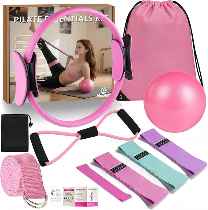 Pilates Equipment 15" Pilates Ring Plus, Pilates Kit for Home Workouts, Pilates Essentials Kit for Women with Pilates Ring and Ball Set, Booty Bands, Figure 8 Resistance Band, Yoga Band