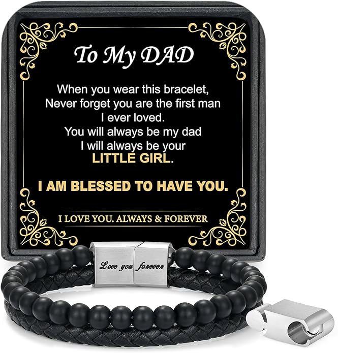 LUXEJEW Gifts for Men - Beaded Leather Bracelet 6mm Matte Agate Stone Bracelets for Men Dad Son Husband Boyfriend Grandpa Grandson Brother Uncle Nephew Adjustable Magnetic Clasp