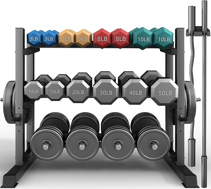 3-Tier Dumbbell Rack, 1800LB Capacity with Barbell Holder, Adjustable Heavy-Duty Weight Rack for Home Gym, Weight Stand for Dumbbells, Kettlebells & Weight Plates (Rack Only)