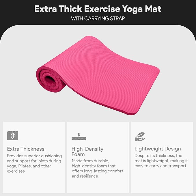 BalanceFrom 71x24 Inches Extra Thick Yoga Mat 1-Inch High-Density Foam – Roll-Up Exercise Pad with Double-Sided Non-Slip Surface and Carrying Strap for Pilates and Home Workouts, Multiple Colors