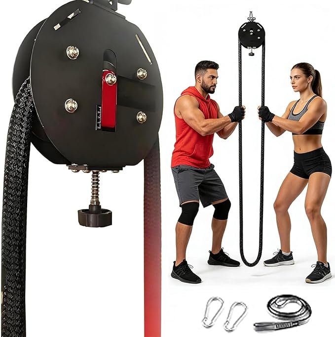 Wall-Mounted Flywheel Endless Rope Trainer, Portable Cable Pulley System with 30kg/330lb Adjustable Resistance, 4m/13.12ft Nylon Rope for Grip Arm Back Training, Home Gym Cardio Workout Gear