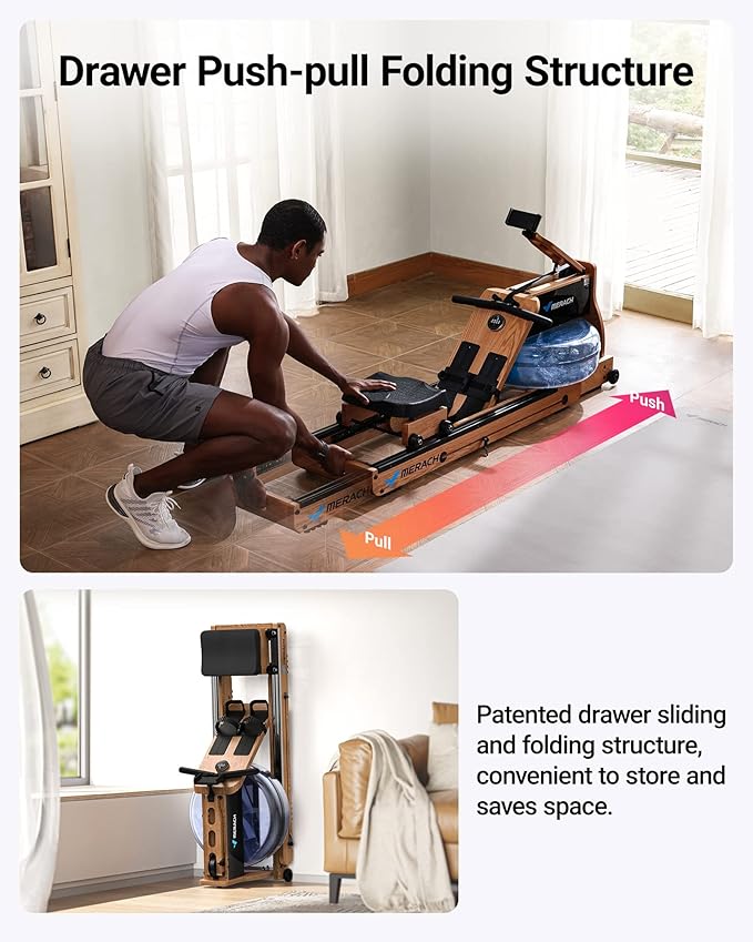 MERACH Foldable Wooden Rowing Machine, Water Electromagnetic Rower Machine for Home Use, Exclusive App Lifetime Membership, Patented Space Saver, MERACH Go Technology, 950