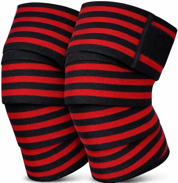 Knee Wraps for Weightlifting Bodybuilding Deadlifting and Squats, Black and Red Striped, 72 Inches Length, Gym Fitness Workout Support, Pair