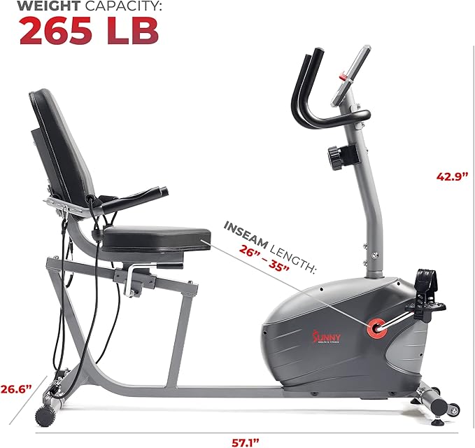 Sunny Health & Fitness Smart Magnetic Recumbent Bike, Home Cardio Trainer & Cycling Machine for Seniors, Free SunnyFit App Connection, Optional Hand Cycle, Resistance Bands, or Pulse Sensors