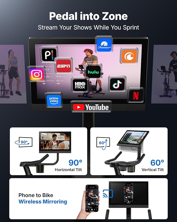 Merach Exercise Bike, Magnetic Stationary Bike with 15.6"HD Screen, Low Noise Indoor Cycling Bike with 300lbs Weight Capacity, Comfortable Bike Seat, Tablet Mount and Fitness Courses for Weight Loss