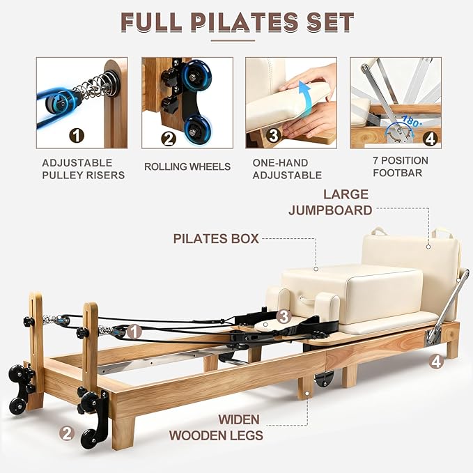 Pilates Reformer Machine, 95" Foldable Studio Grade Pilates Equipment with Adjustable Reformer Heights for Gym, Studio and Home, Oak Wood Pilates Reformer with Jump Board