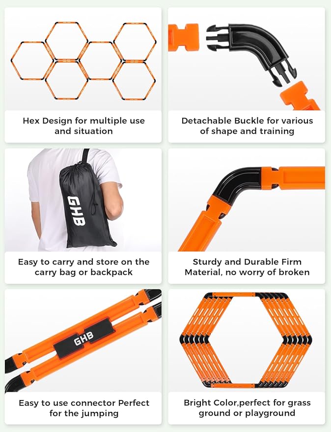 GHB Hex Agility Rings (6 Set) with Carry Bag, Portable Hexagon Speed Rings for Footwork Training, Football, Soccer, Boxing, Adjustable Layout for Drills & Fitness