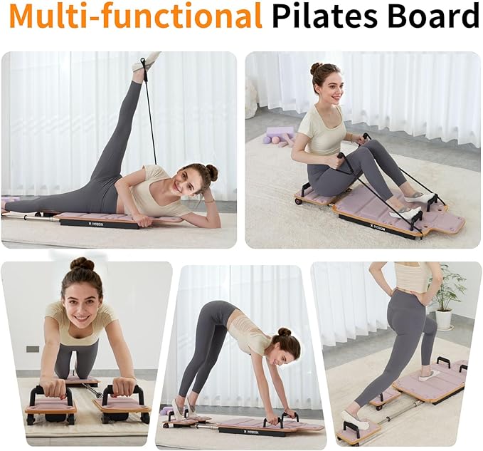 Pilates Board Reformer for Home Workout, Reformer Board, Glide Board, Sliding Rails, Maple Wood Deck & High-Strength Steel Rails, Adjustable Resistance Bands, PU Wheels, Quick Assembly