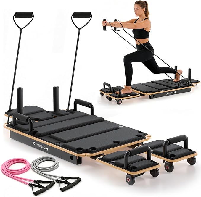 Pilates Board, Portable Pilates Reformer Board for Home, Full-Body Sliding Workout Board with Resistance Bands & Handles, Space-Saving, Up to 350 lbs