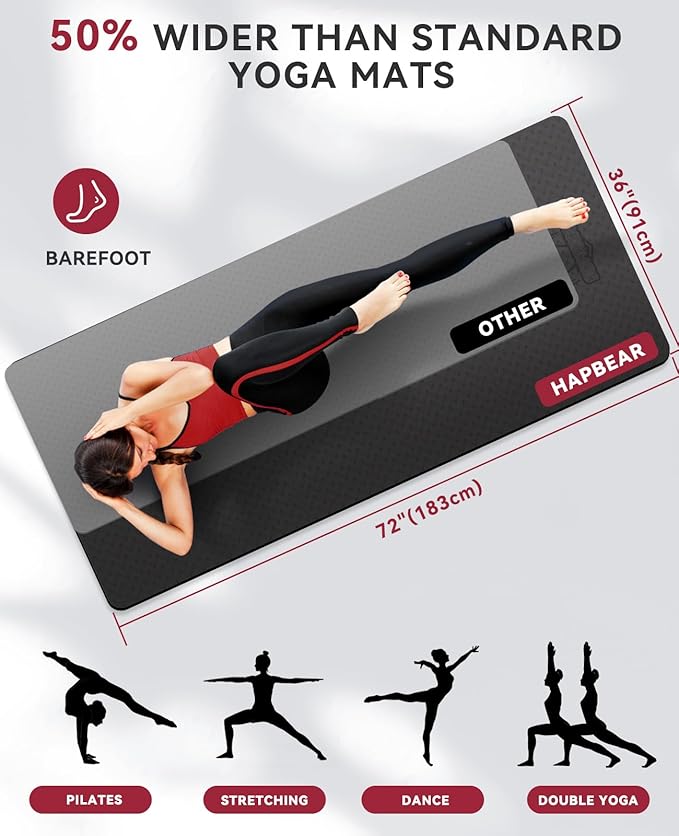 HAPBEAR Large Yoga Mat - 72"x36"x6mm (1/4 inch), Extra Wide Non-Slip Exercise Mat for Home Workout, Yoga, Pilates & Stretching, Durable & Eco-Friendly, Includes Bonus Resistance Bands & Carry Bag